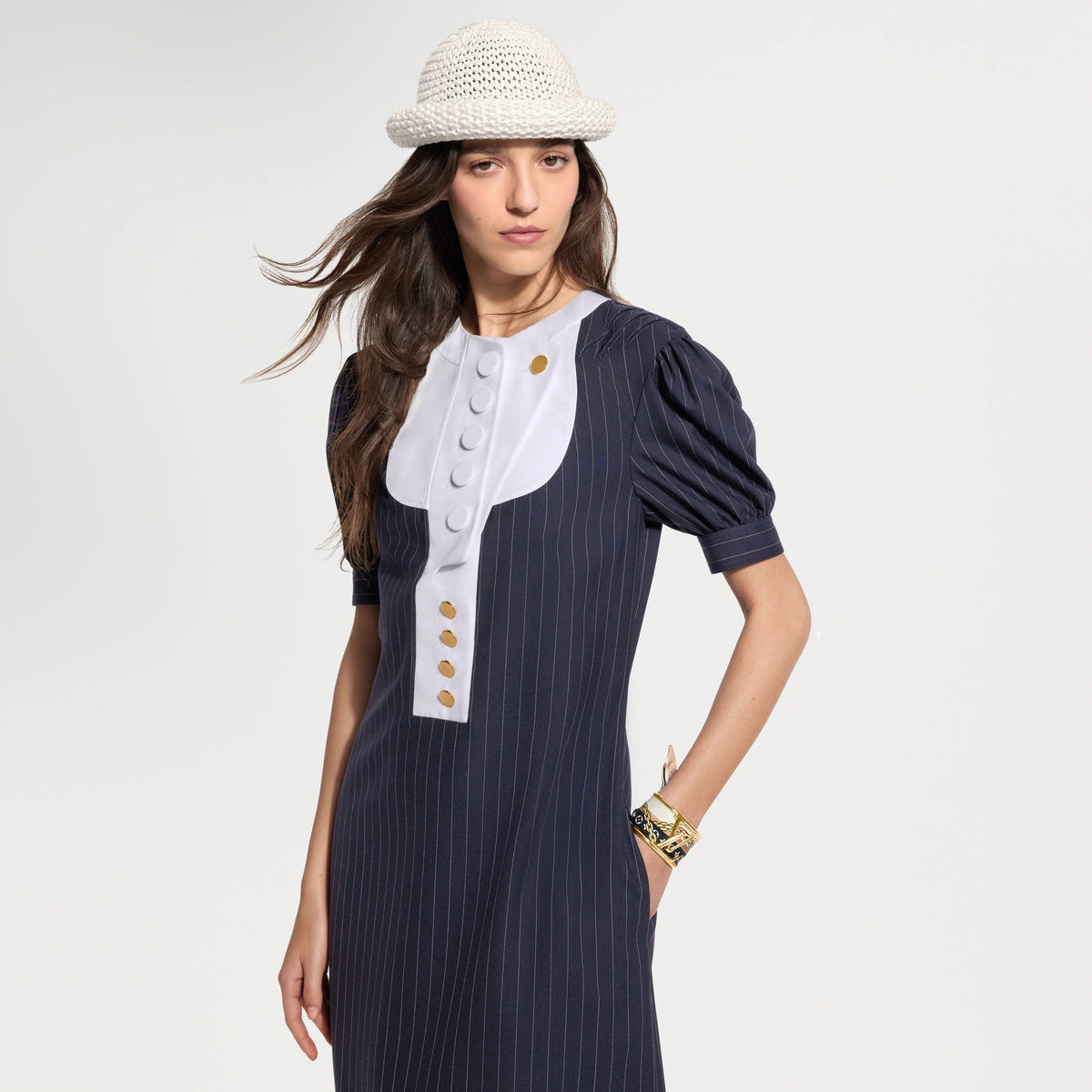 Contrast Bib Pinstriped Dress