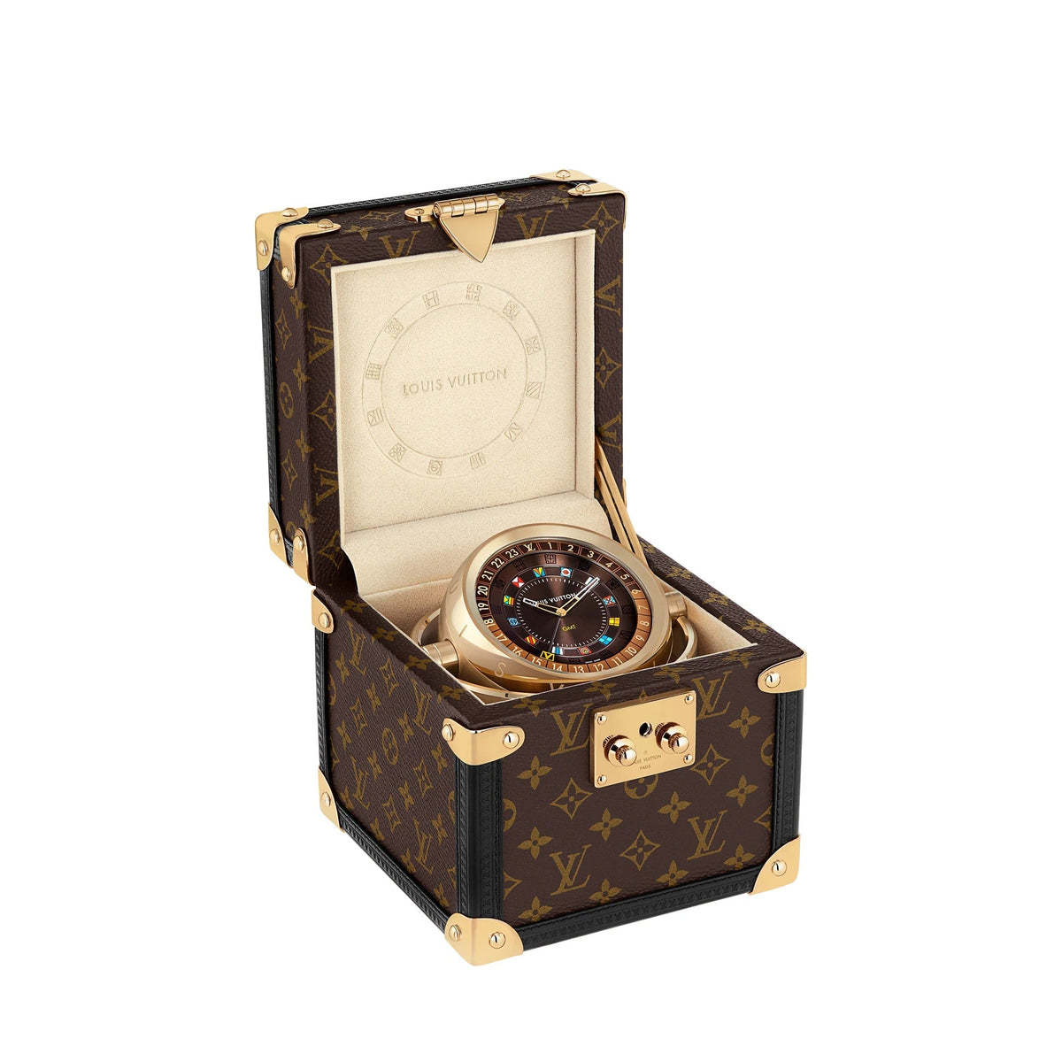 Trunk Table Clock, Quartz, 80mm, Brass, Monogram