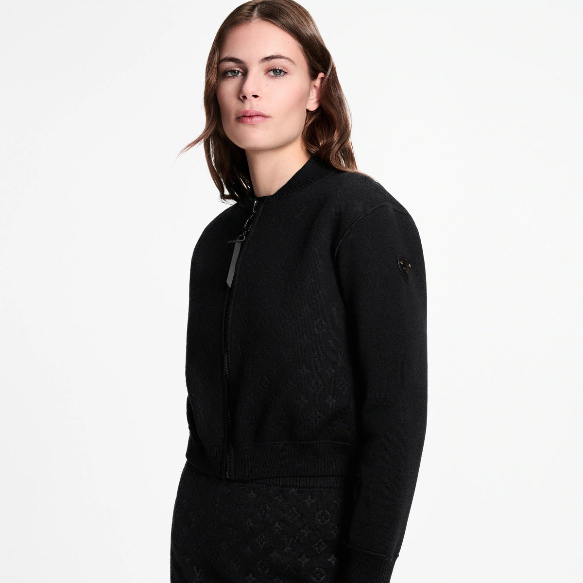 Monogram Accent Zip-Up Knit Jacket