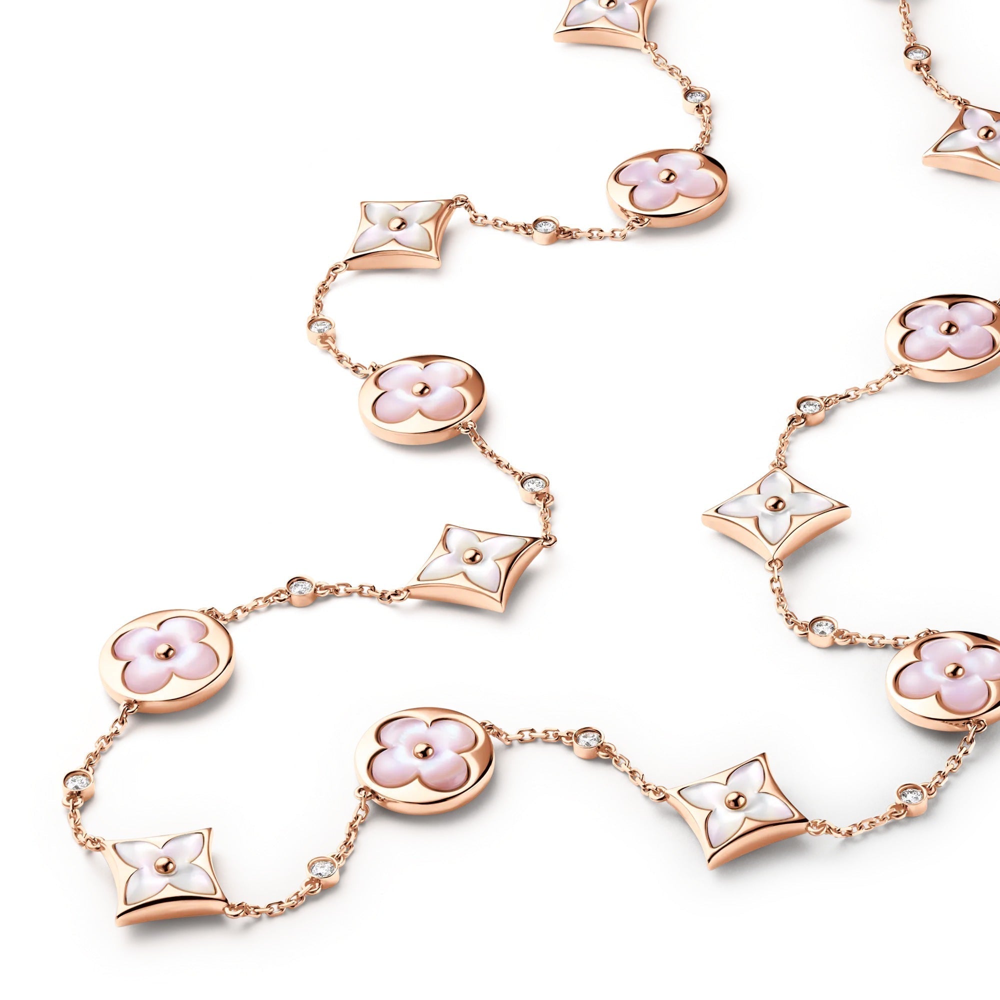 Color Blossom M Multi-Motif Long Necklace, Pink Gold, White and Pink Mother-of-Pearl and Diamonds