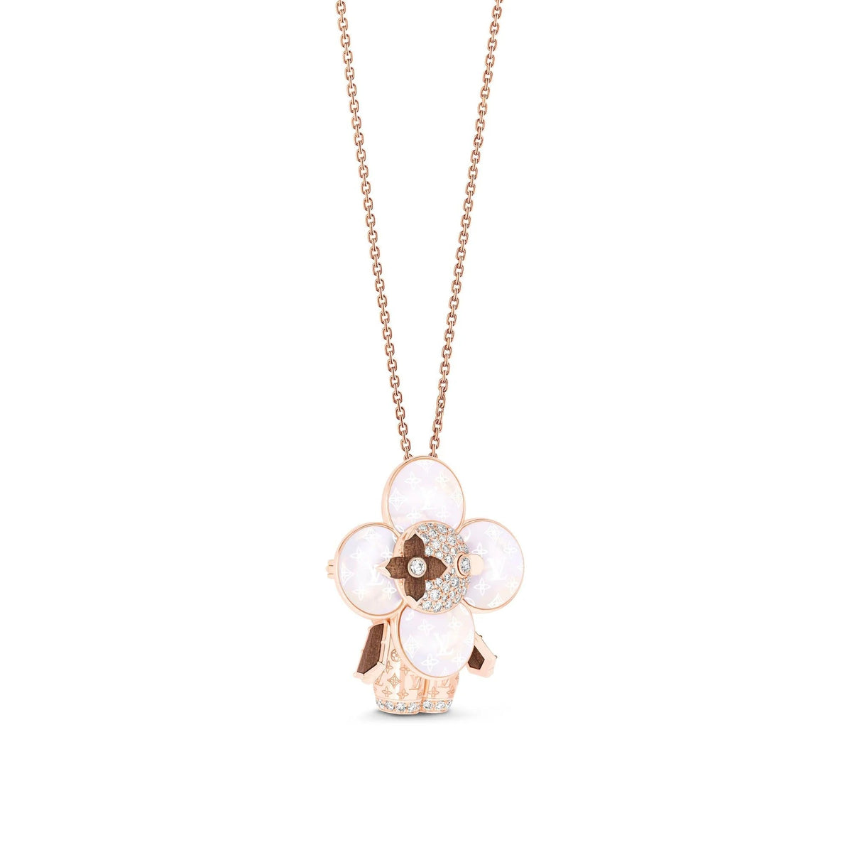 Vivienne Monogram Pendant, Pink Gold, Mother-Of-Pearl, Wood & Diamonds