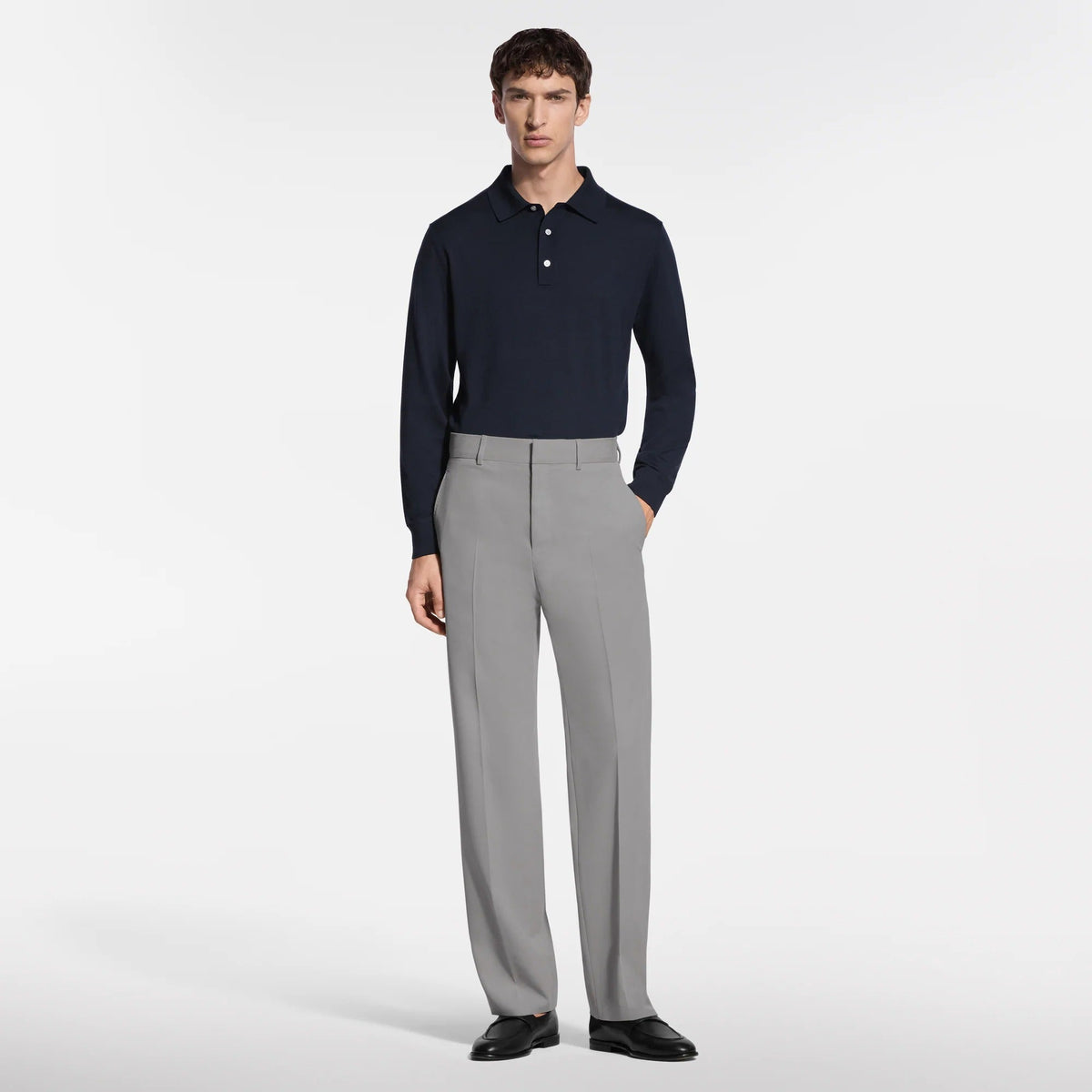 Wool-Silk Blend Long-Sleeved Polo Shirt