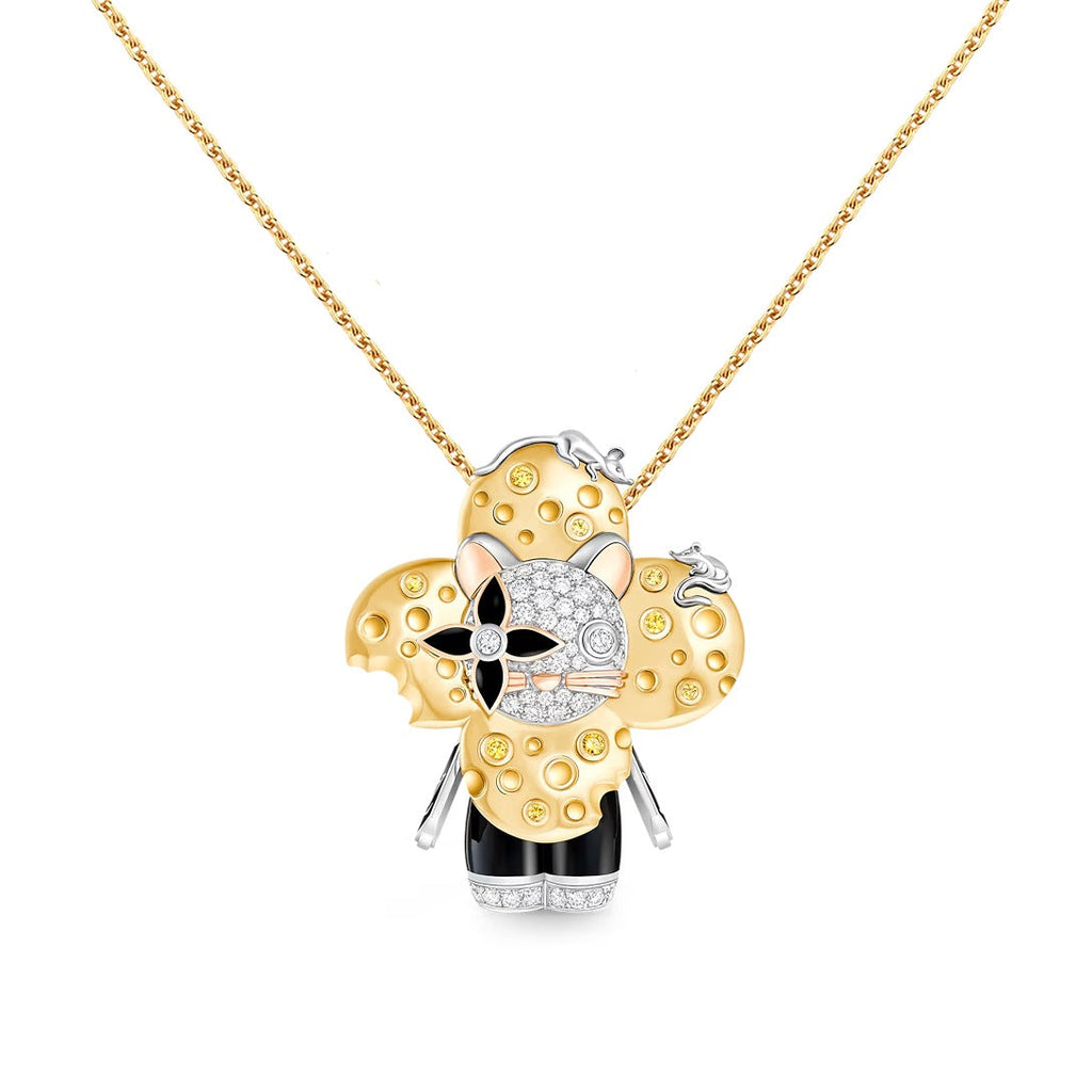 Vivienne Rat Pendant, 3 Golds, Lacquer, Diamonds & Colored Gemstones