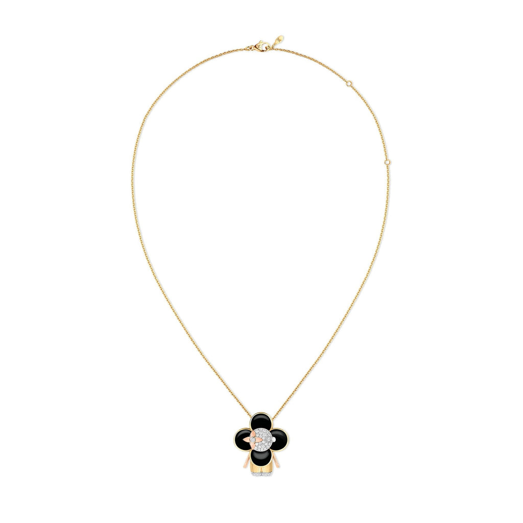 Vivienne pendant, 3 golds, black lacquer & diamonds