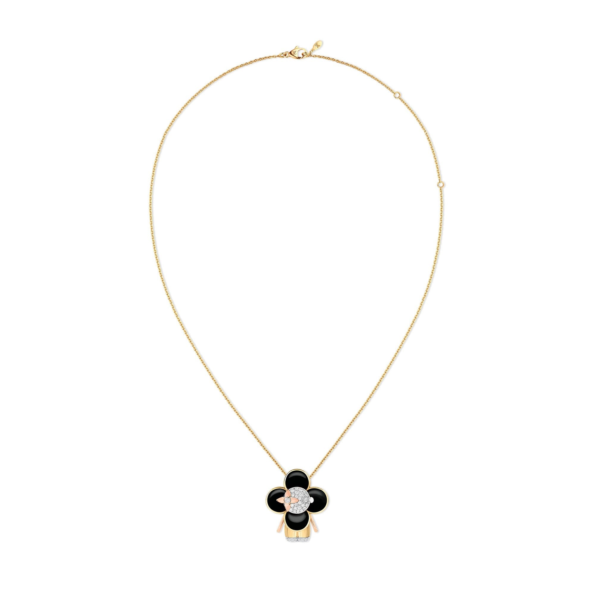 Vivienne pendant, 3 golds, black lacquer & diamonds