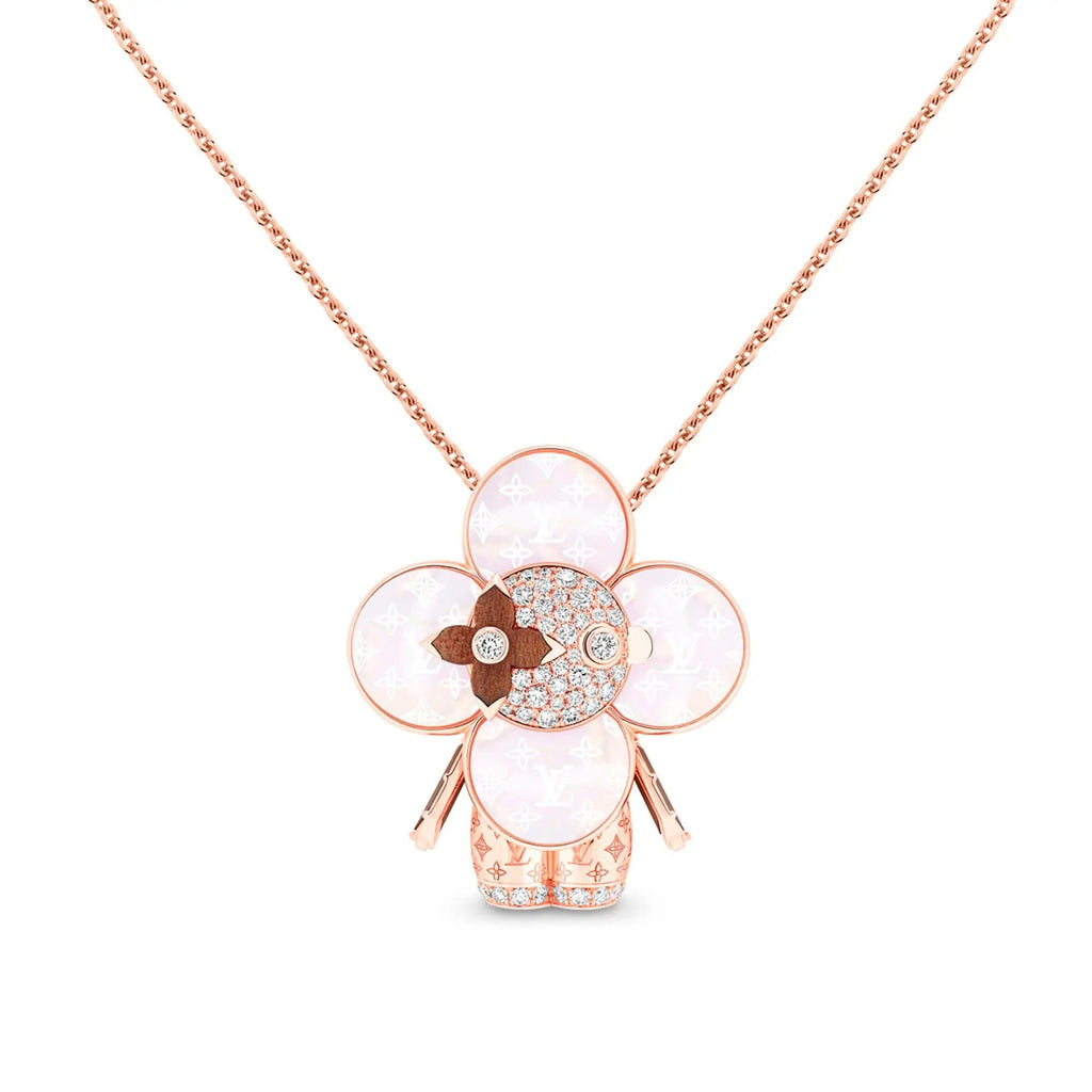 Vivienne Monogram Pendant, Pink Gold, Mother-Of-Pearl, Wood & Diamonds