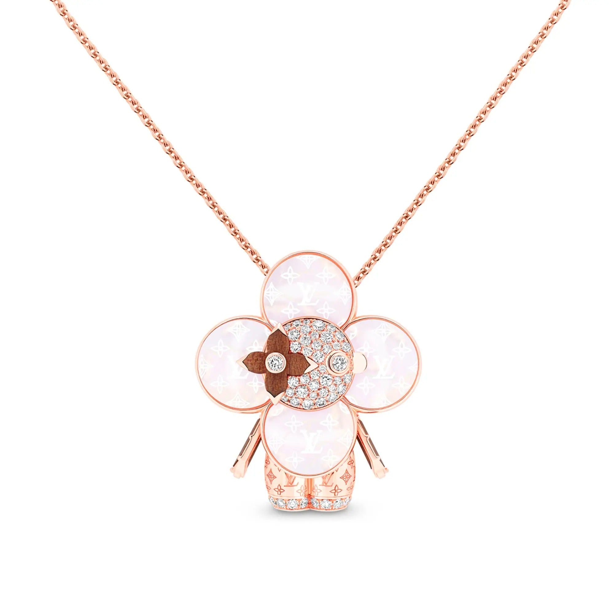 Vivienne Monogram Pendant, Pink Gold, Mother-Of-Pearl, Wood & Diamonds