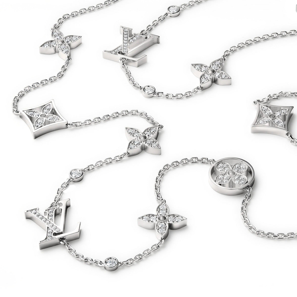 Idylle Blossom Multi-Motif Long Necklace, White Gold and Diamonds