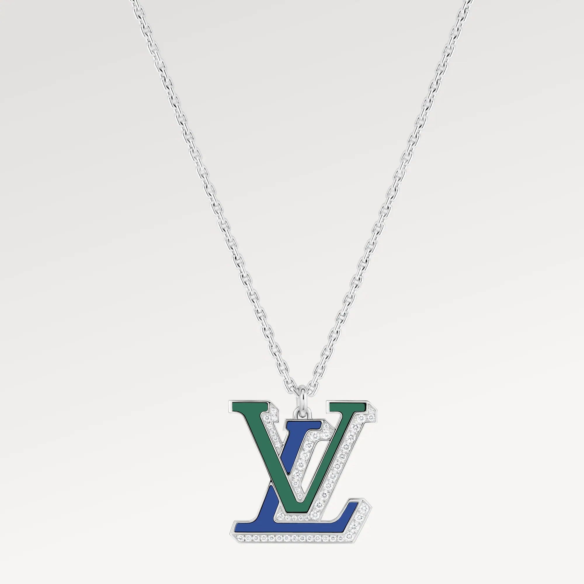 LV Large Pendant, White Gold, Diamonds, Blue Agate and Green Agate
