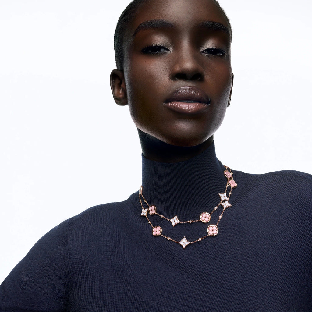 Color Blossom M Multi-Motif Long Necklace, Pink Gold, White and Pink Mother-of-Pearl and Diamonds