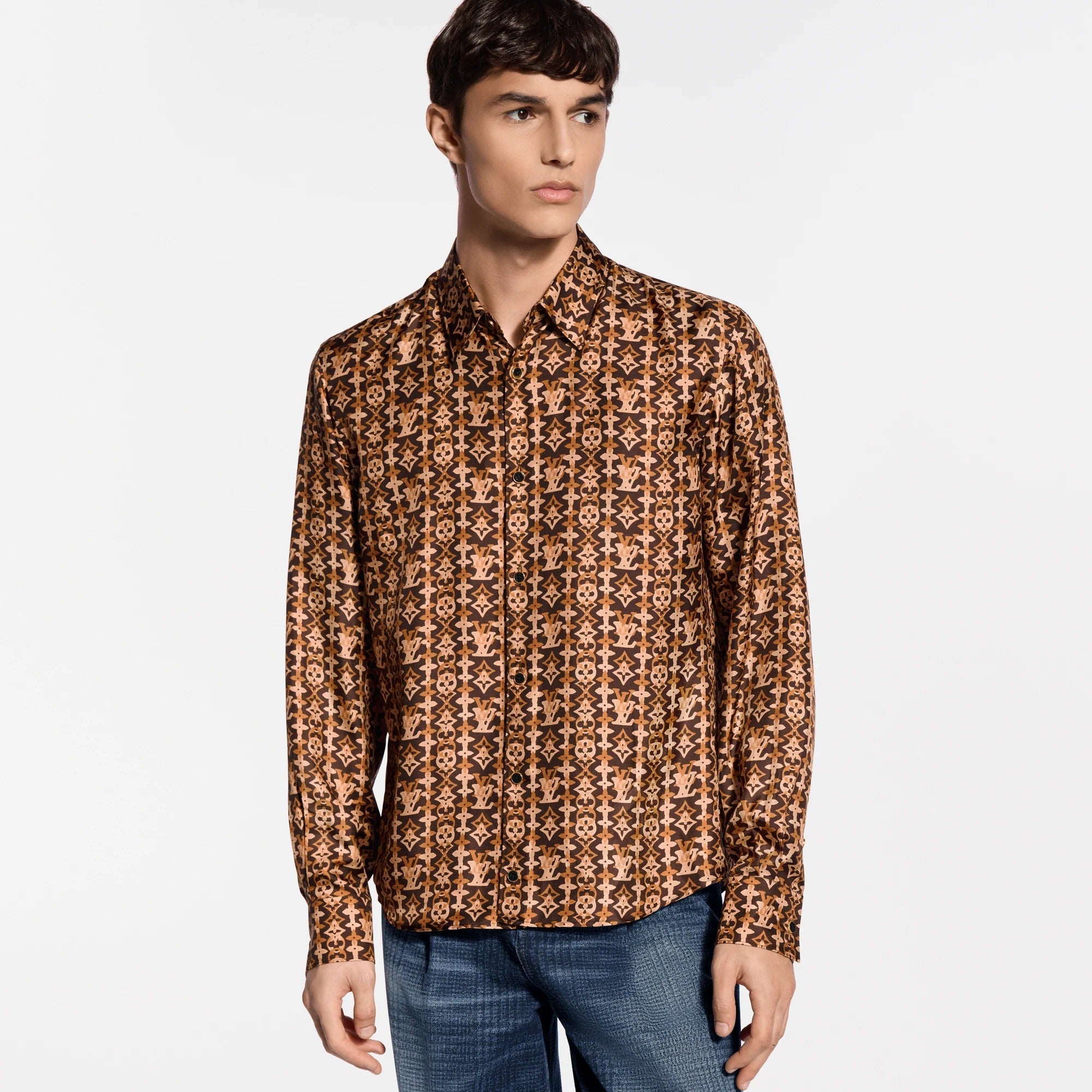 Monogram Printed Long-Sleeved Silk Shirt