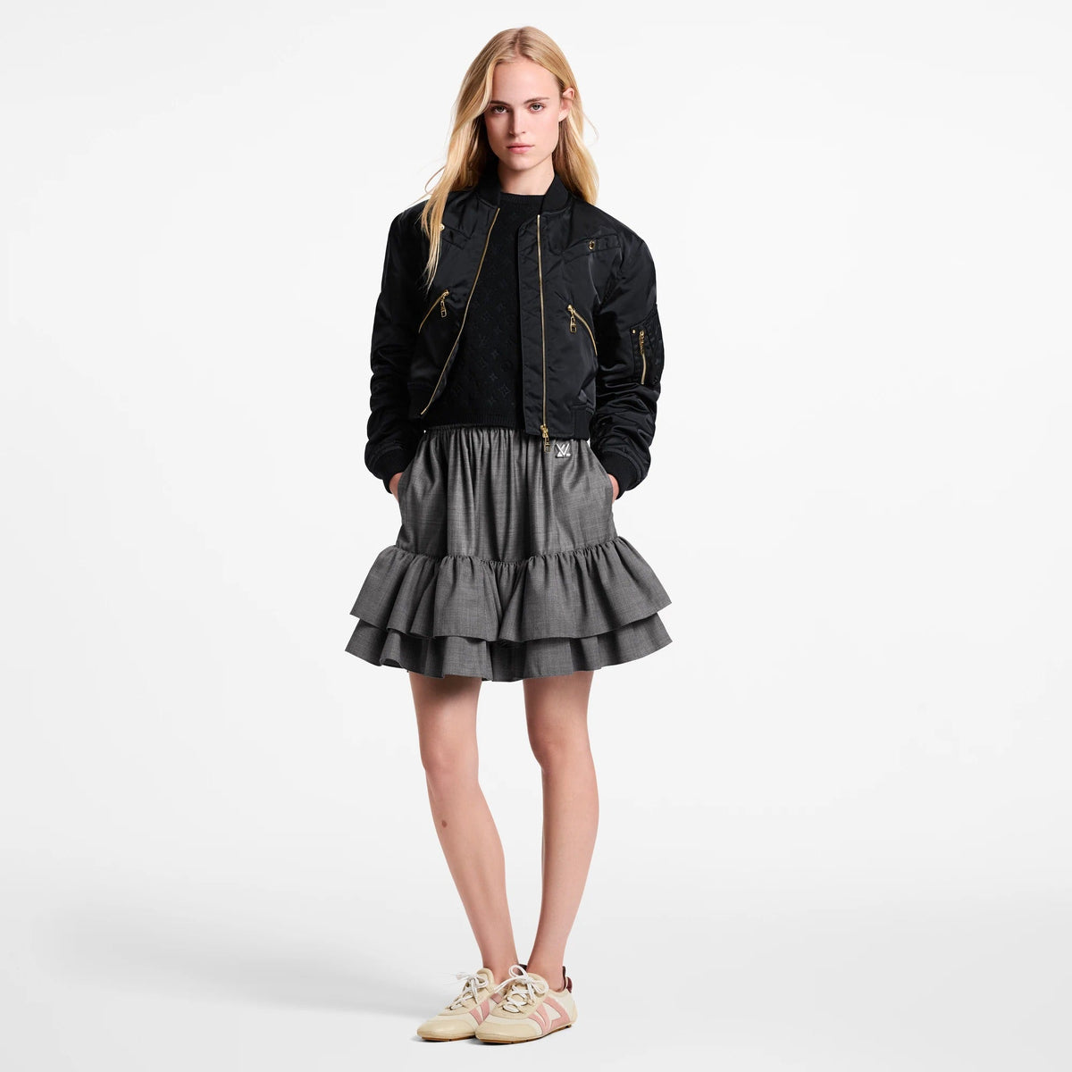 Cropped Ruched-Sleeve Bomber Jacket
