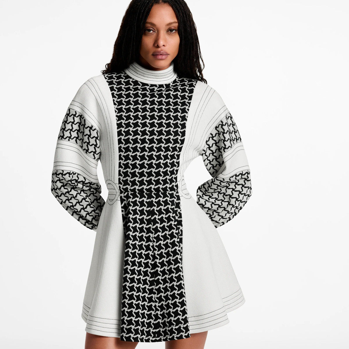 Honeycomb Jacquard Balloon Sleeve Dress