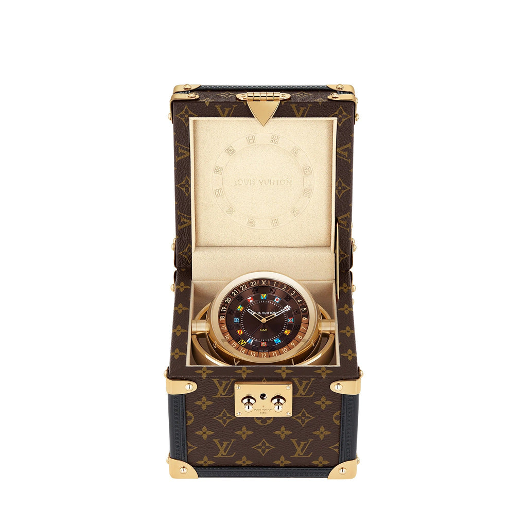 Trunk Table Clock, Quartz, 80mm, Brass, Monogram