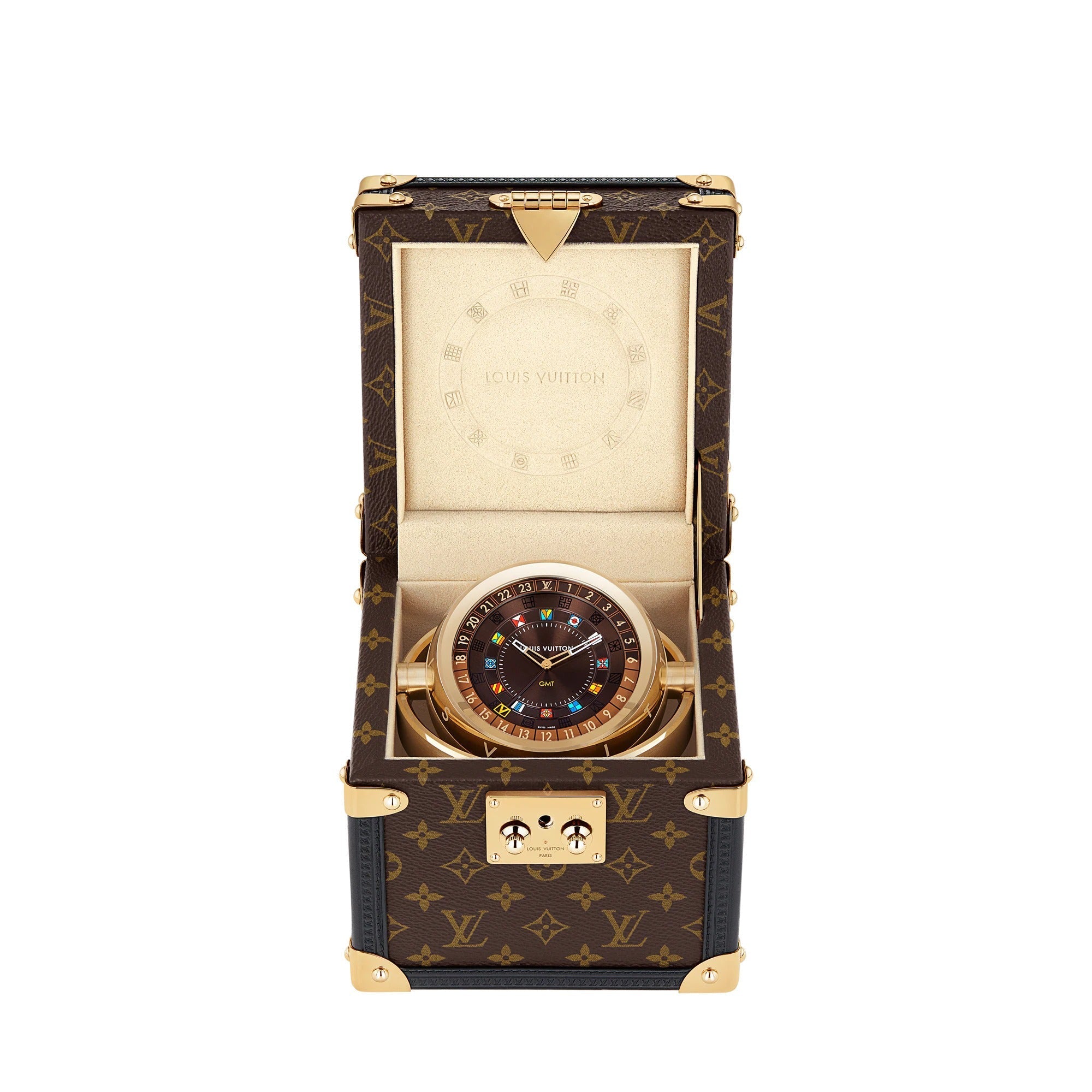 Trunk Table Clock, Quartz, 80mm, Brass, Monogram