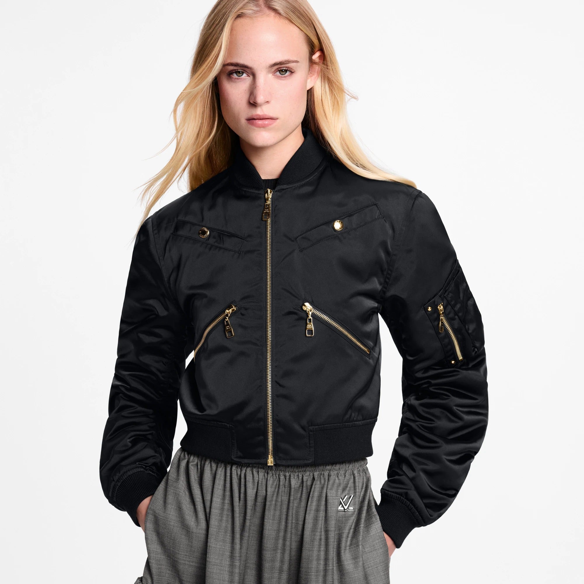 Cropped Ruched-Sleeve Bomber Jacket