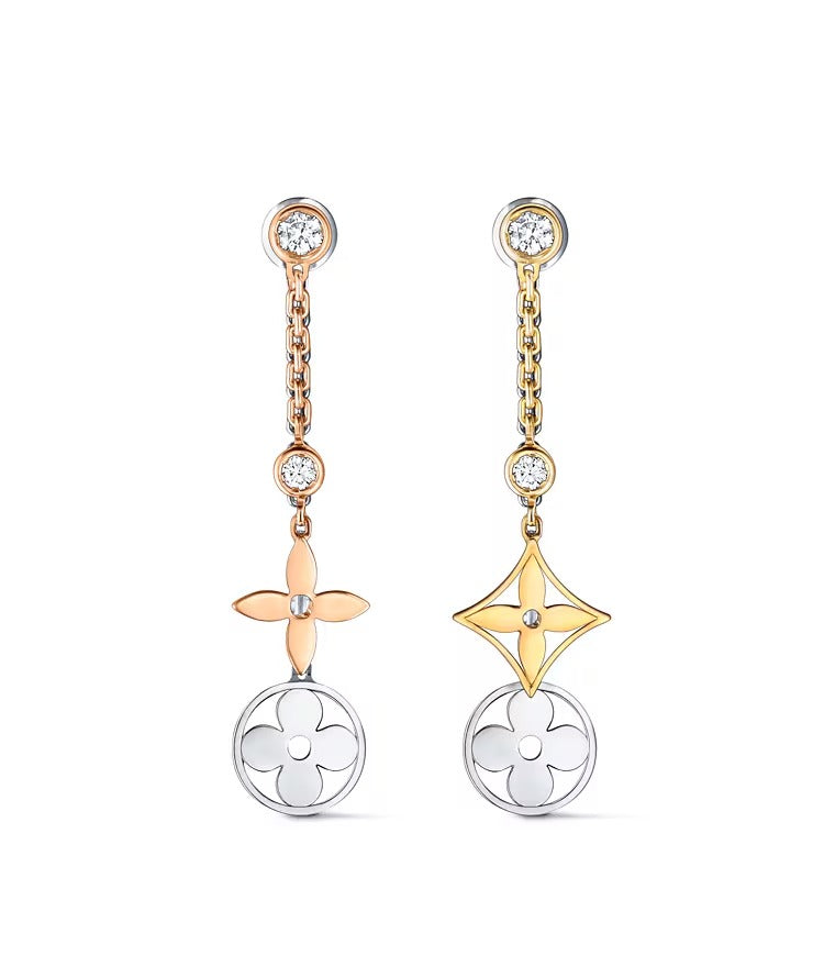 Blossom long earrings, 3 golds and diamonds