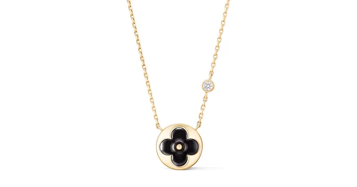 Color Blossom BB Sun Pendant, Yellow Gold, Onyx and Diamond