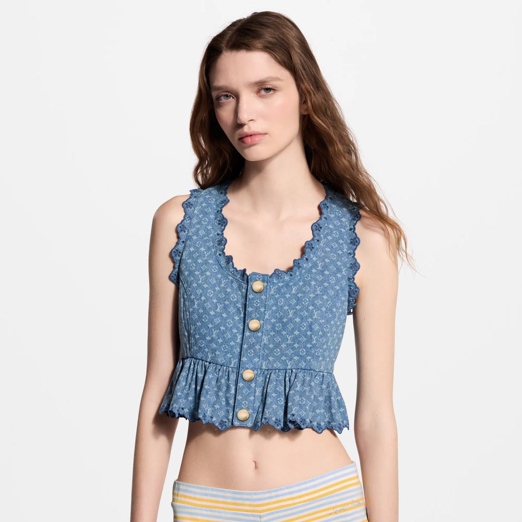 Monogram Denim Peplum Crop Top
