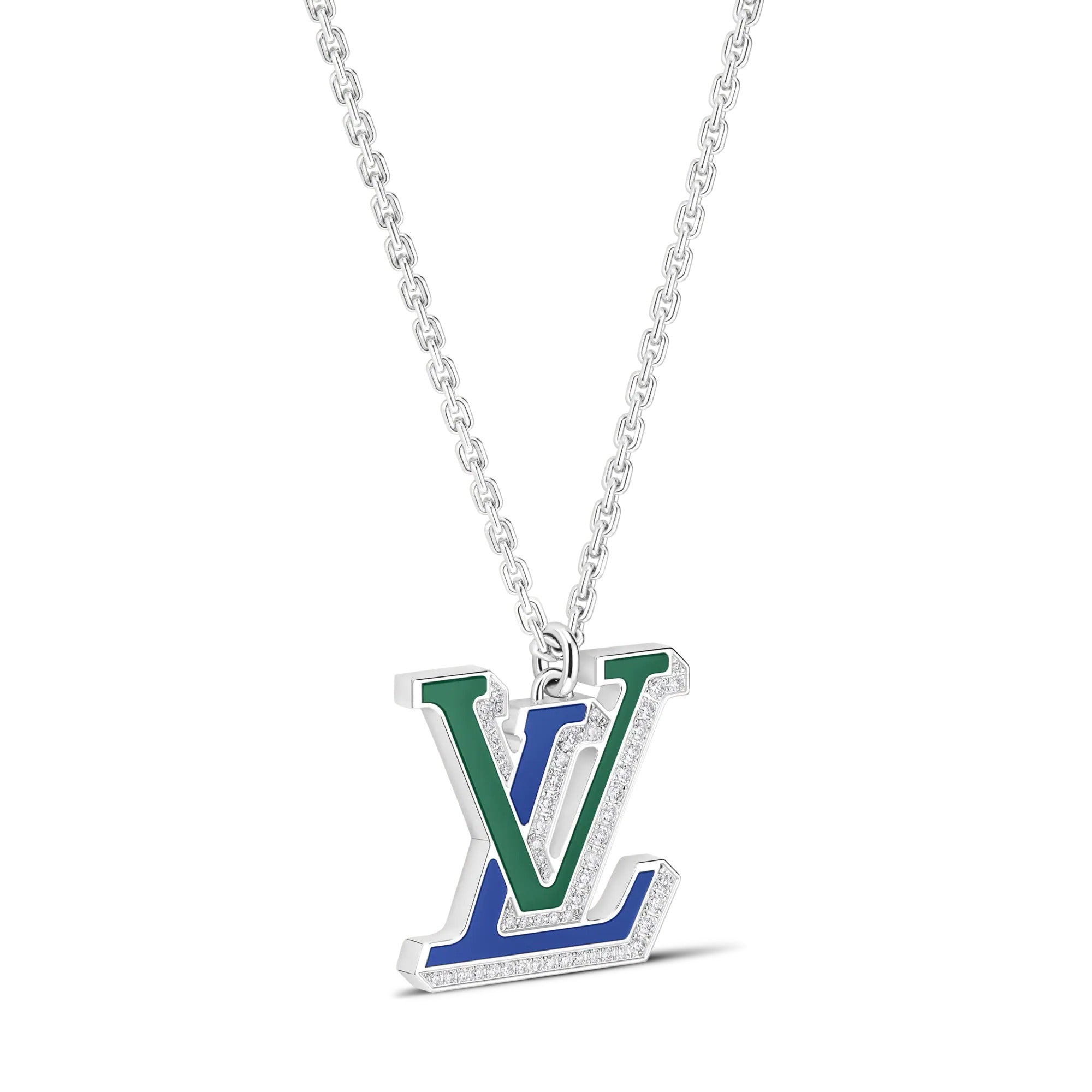 LV Large Pendant, White Gold, Diamonds, Blue Agate and Green Agate