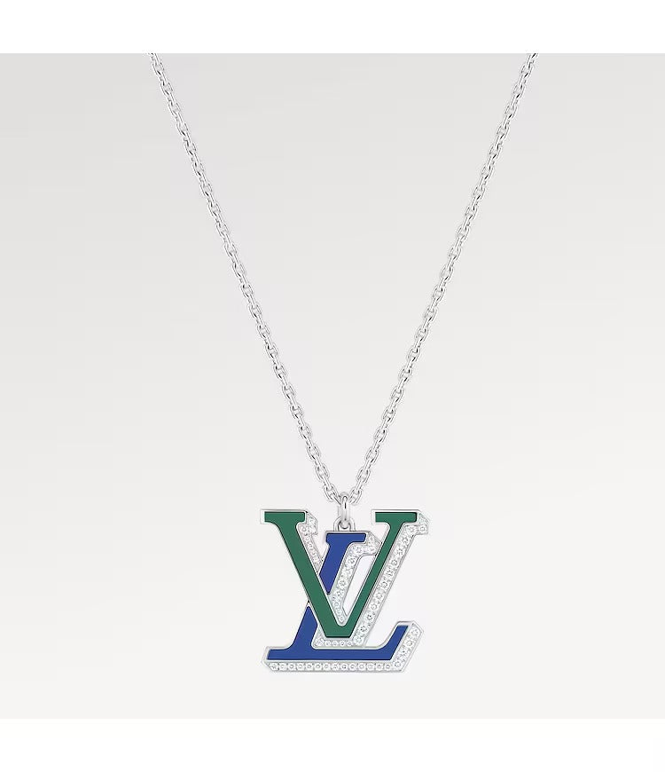 LV Large Pendant, White Gold, Diamonds, Blue Agate and Green Agate