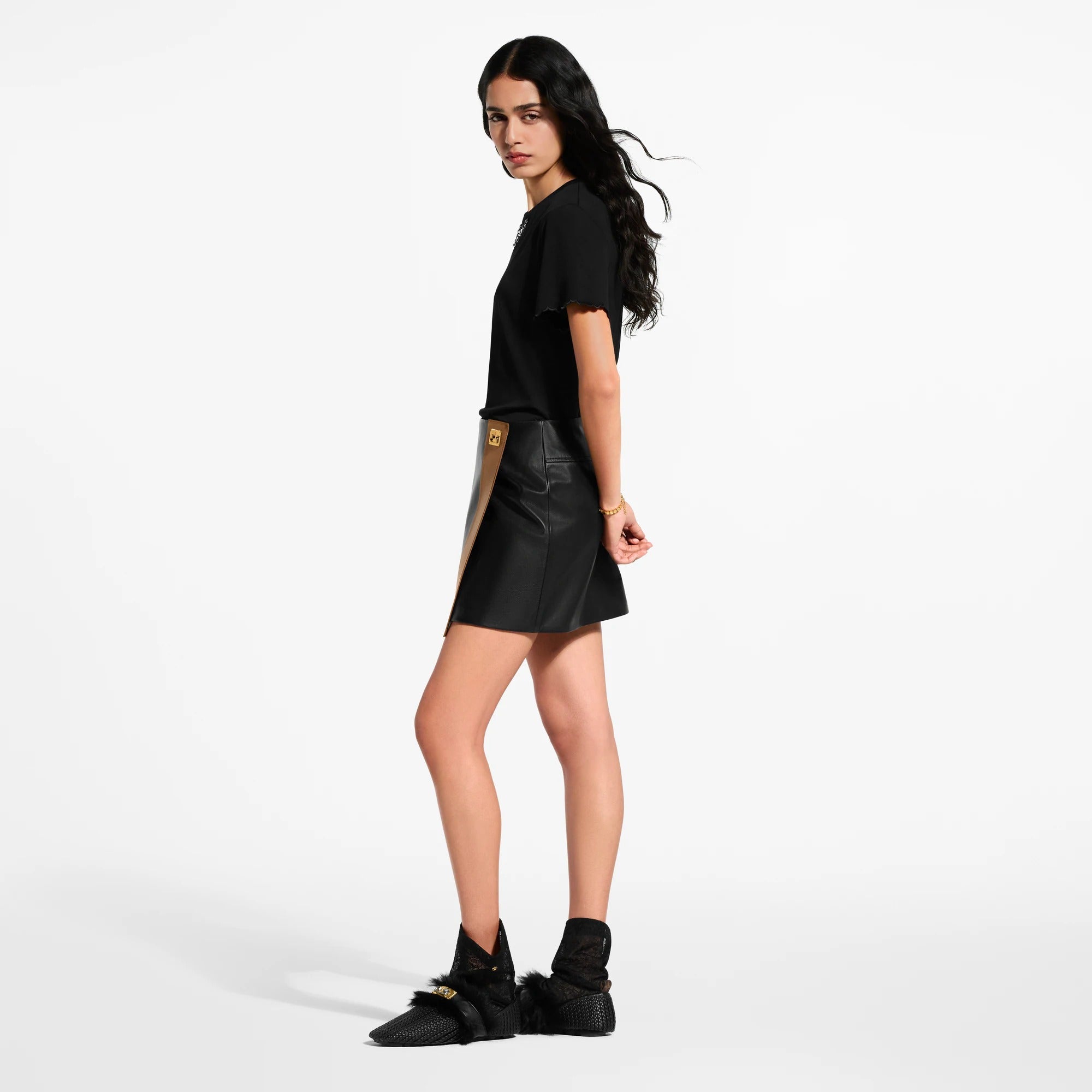Color-Blocked Leather Mini Skirt