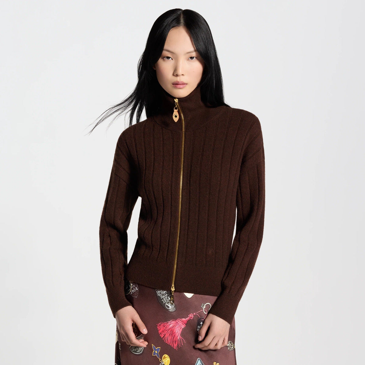 Ribbed-Knit Zip-Up Cardigan