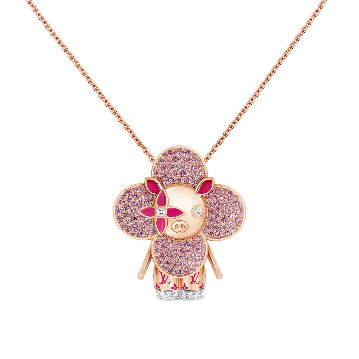 Vivienne Pig Pendant, Pink Gold, Lacquer, Diamonds & Colored Gemstones