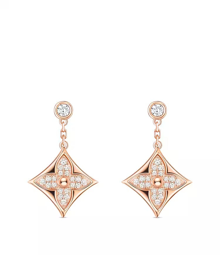 Color Blossom BB Star Earrings, Pink Gold and Diamonds