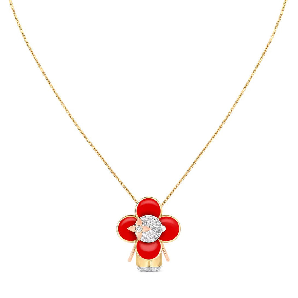 Vivienne pendant, 3 golds, red lacquer & diamonds