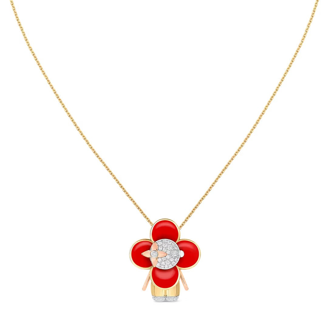Vivienne pendant, 3 golds, red lacquer & diamonds