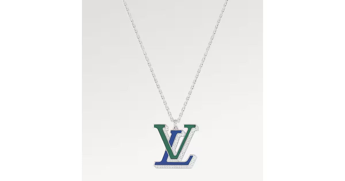 LV Large Pendant, White Gold, Diamonds, Blue Agate and Green Agate
