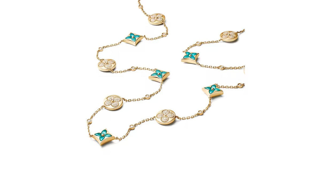 Color Blossom BB Star and Sun Multi-Motif Long Necklace, Yellow Gold, Amazonite and Diamonds