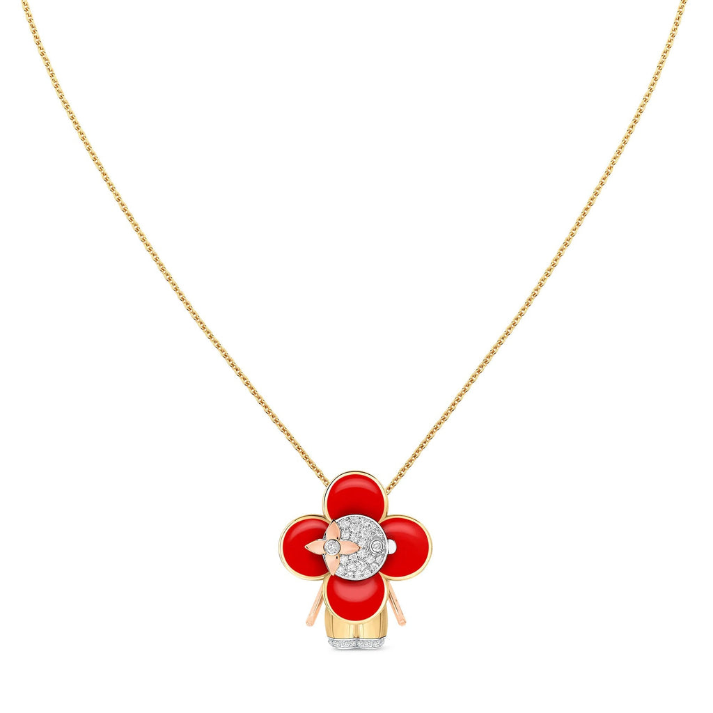Vivienne pendant, 3 golds, red lacquer & diamonds