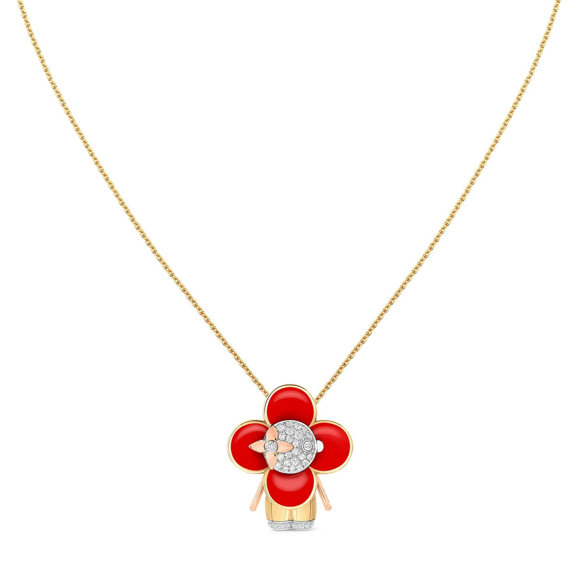 Vivienne pendant, 3 golds, red lacquer & diamonds