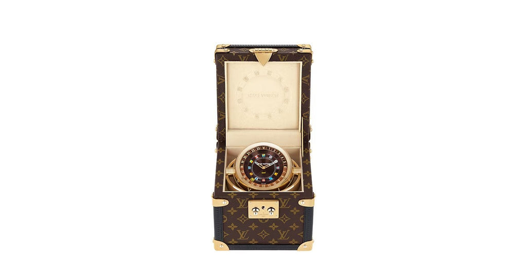 Trunk Table Clock, Quartz, 80mm, Brass, Monogram