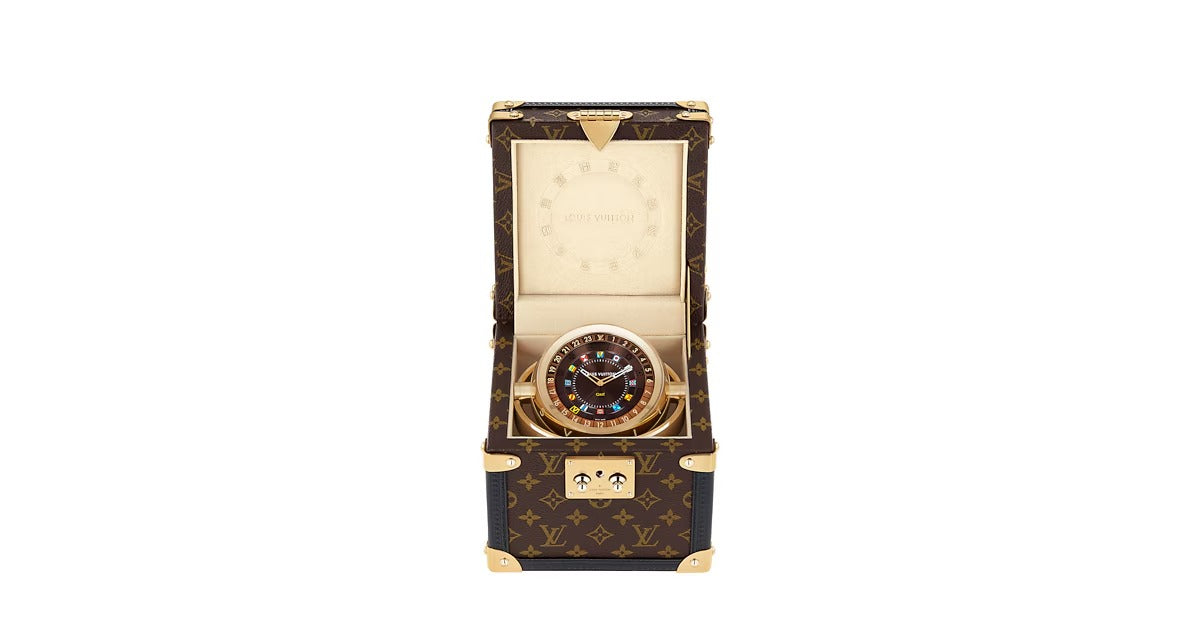 Trunk Table Clock, Quartz, 80mm, Brass, Monogram