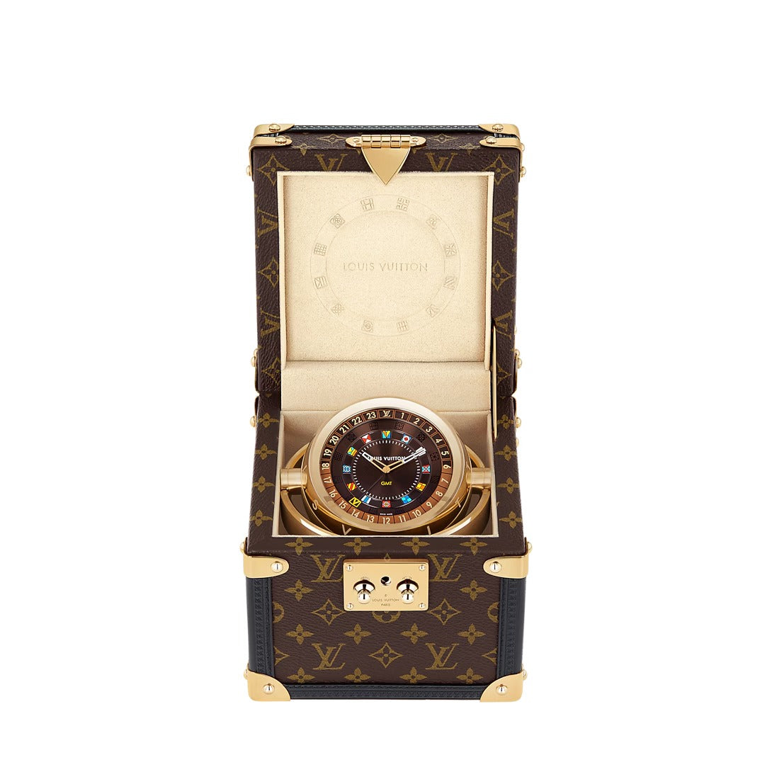 Trunk Table Clock, Quartz, 80mm, Brass, Monogram