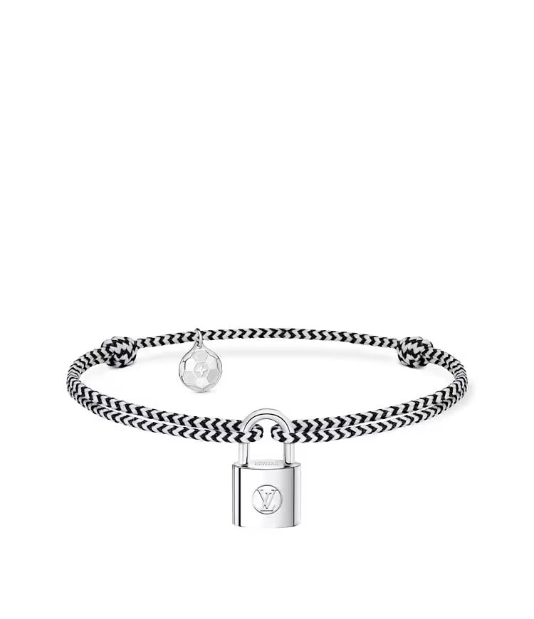 Silver Lockit Bracelet, Sterling Silver, Black and White Polyester Cord with Football Charm