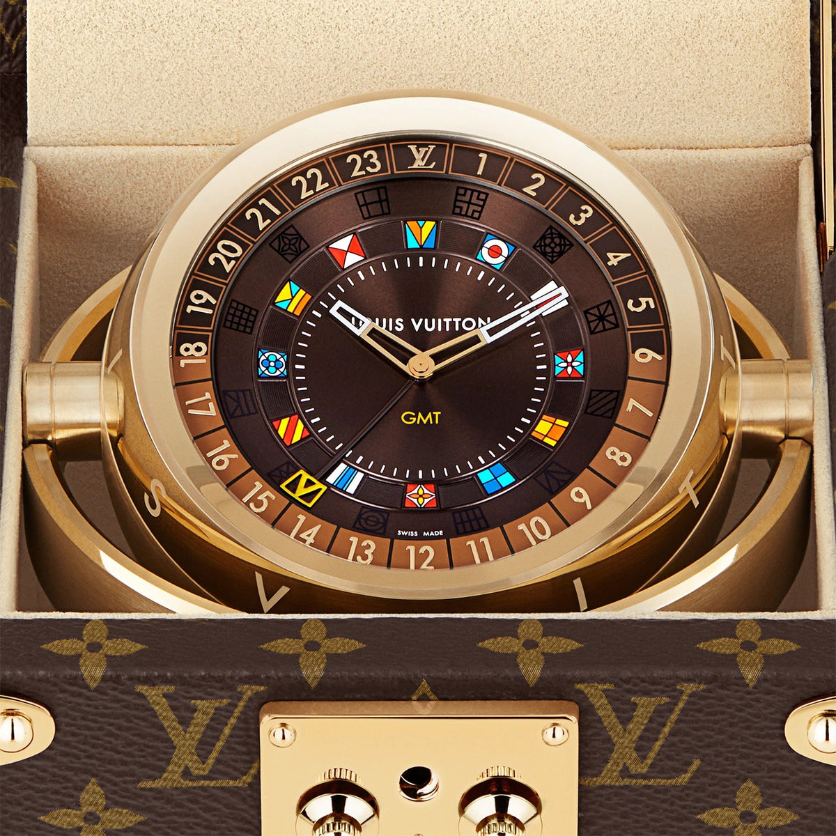 Trunk Table Clock, Quartz, 80mm, Brass, Monogram