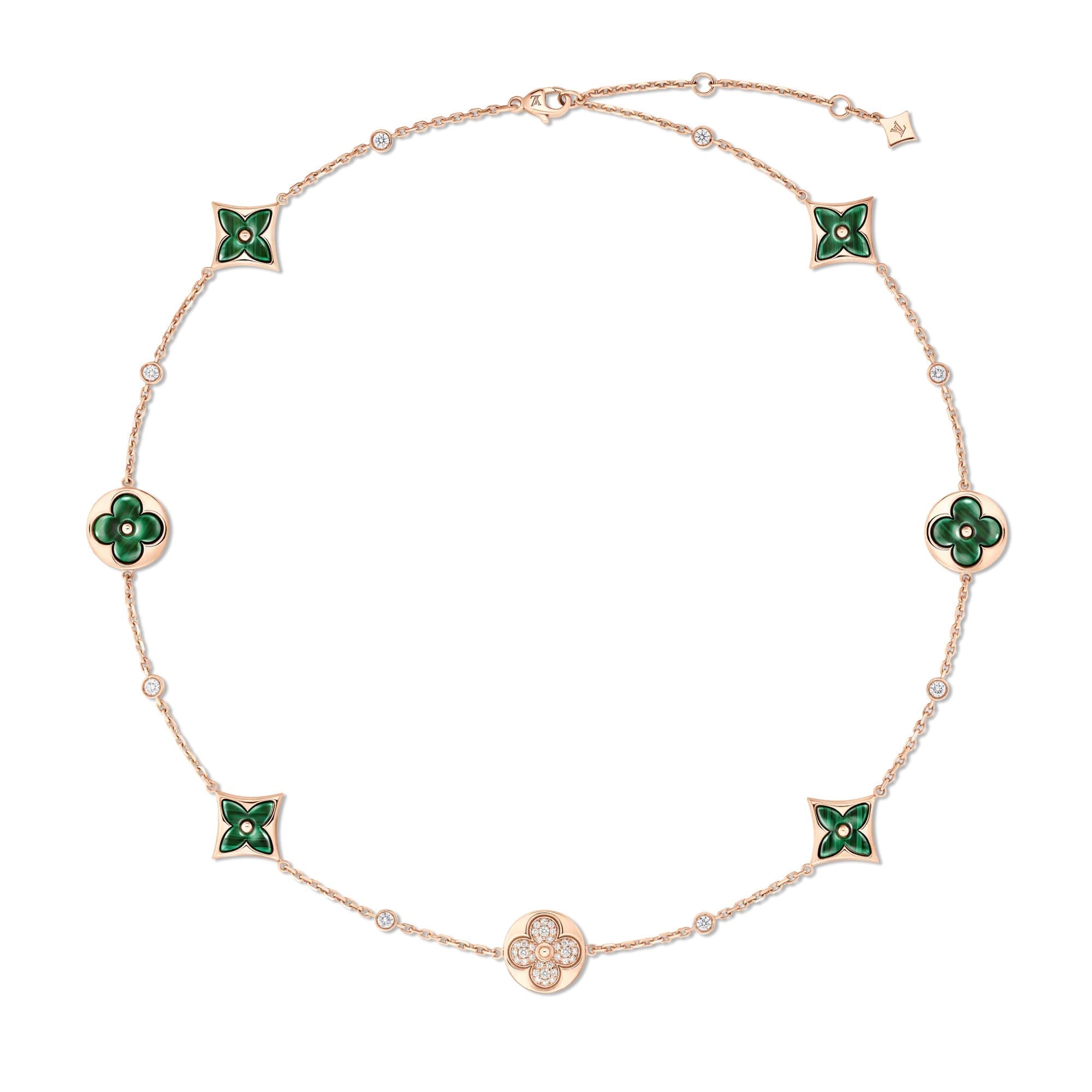 Color Blossom BB Multi-Motif Short Necklace, Pink Gold, Malachite and Diamonds