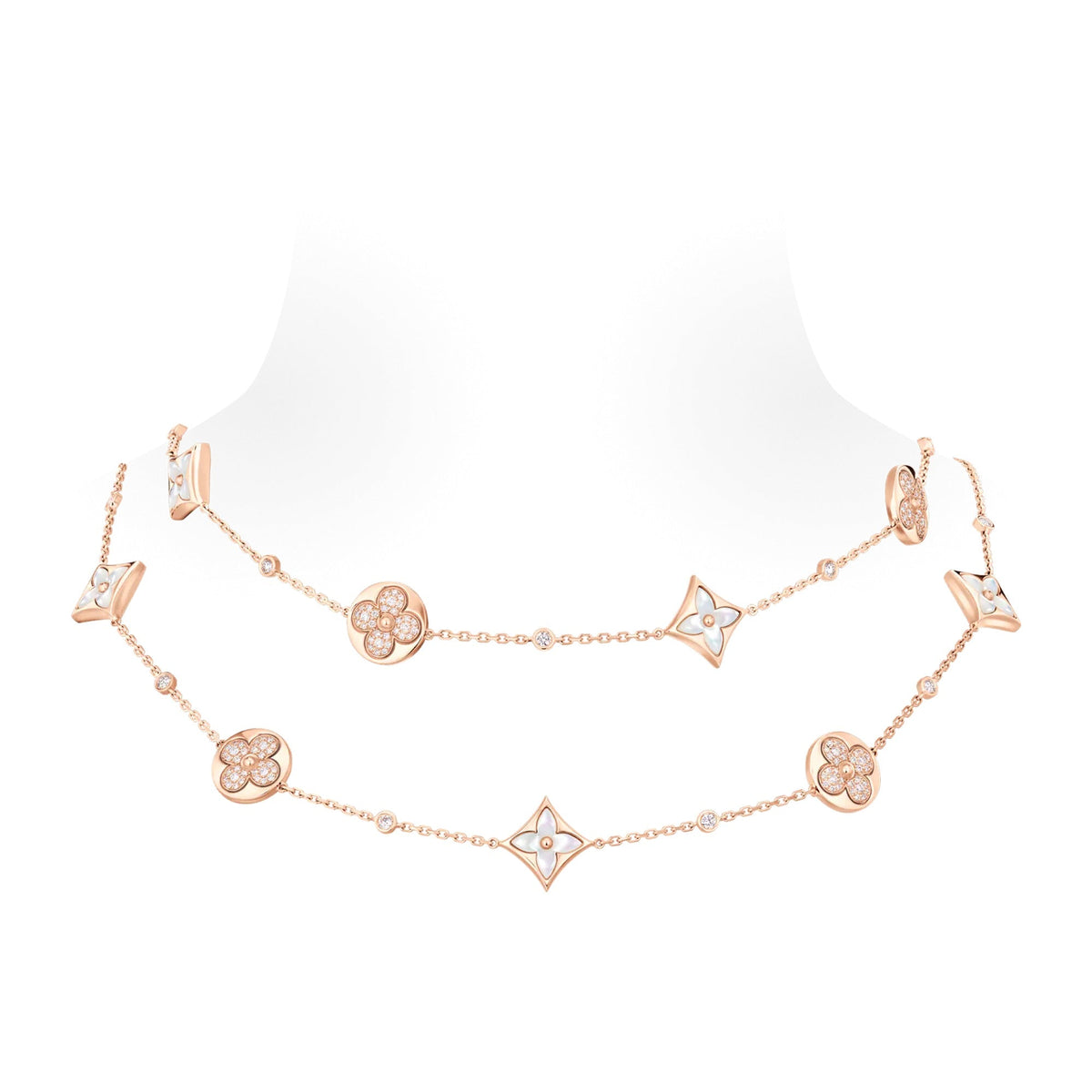 Color Blossom BB Star and Sun Multi-Motif Long Necklace, Pink Gold, White Mother-of-Pearl and Diamonds