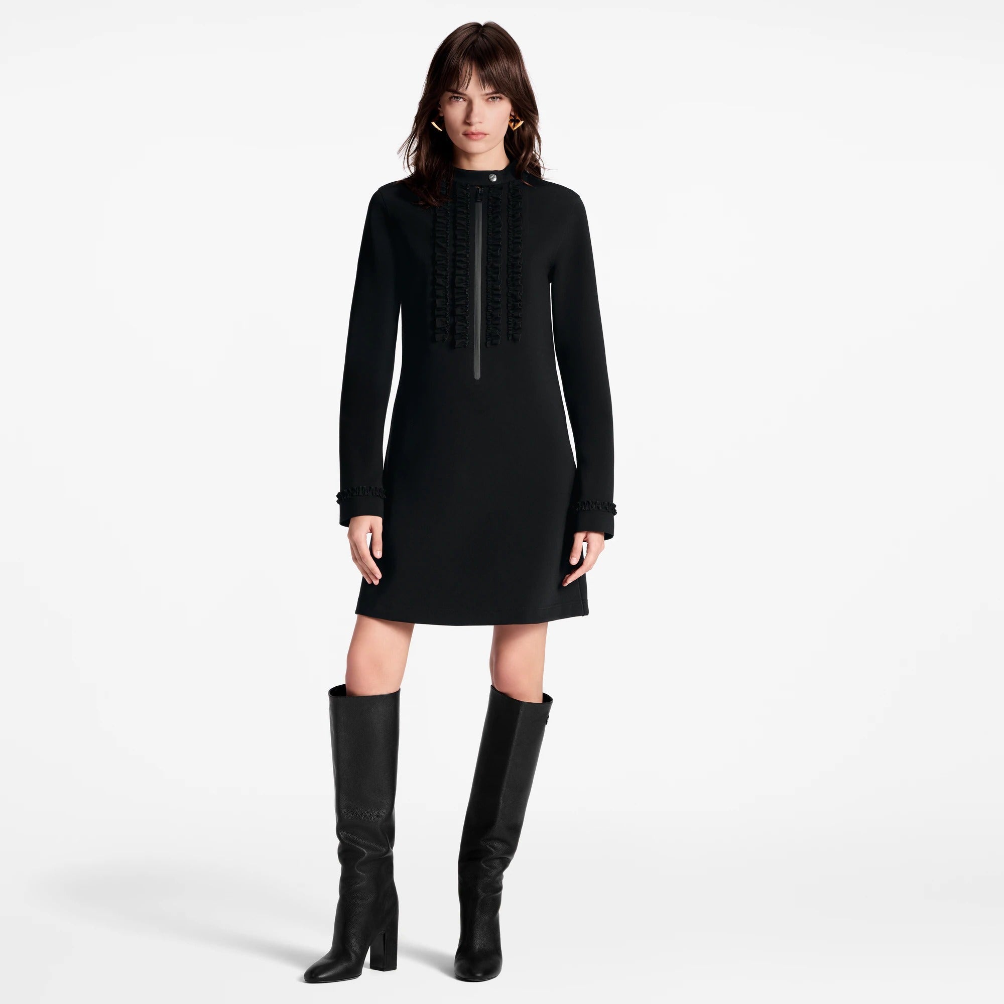 Ruffle Trim Long-Sleeved Technical Jersey Dress
