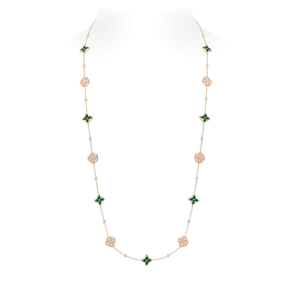 Color Blossom BB Star and Sun Multi-Motif Long Necklace, Pink Gold, Malachite and Diamonds