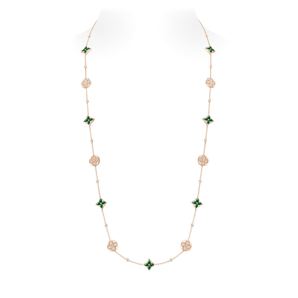 Color Blossom BB Star and Sun Multi-Motif Long Necklace, Pink Gold, Malachite and Diamonds