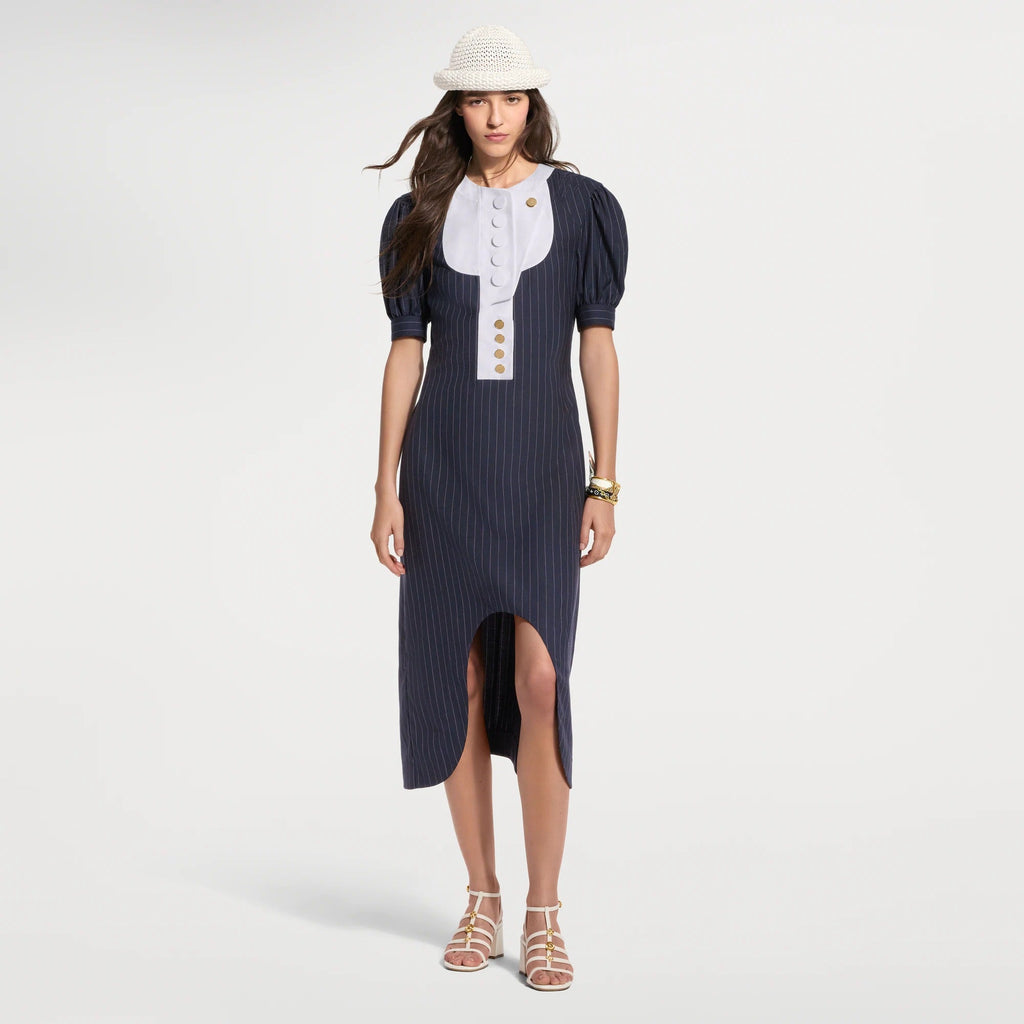 Contrast Bib Pinstriped Dress