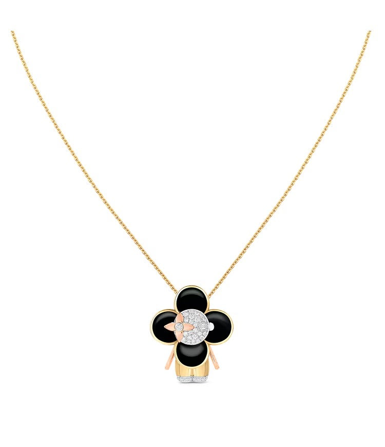 Vivienne pendant, 3 golds, black lacquer & diamonds