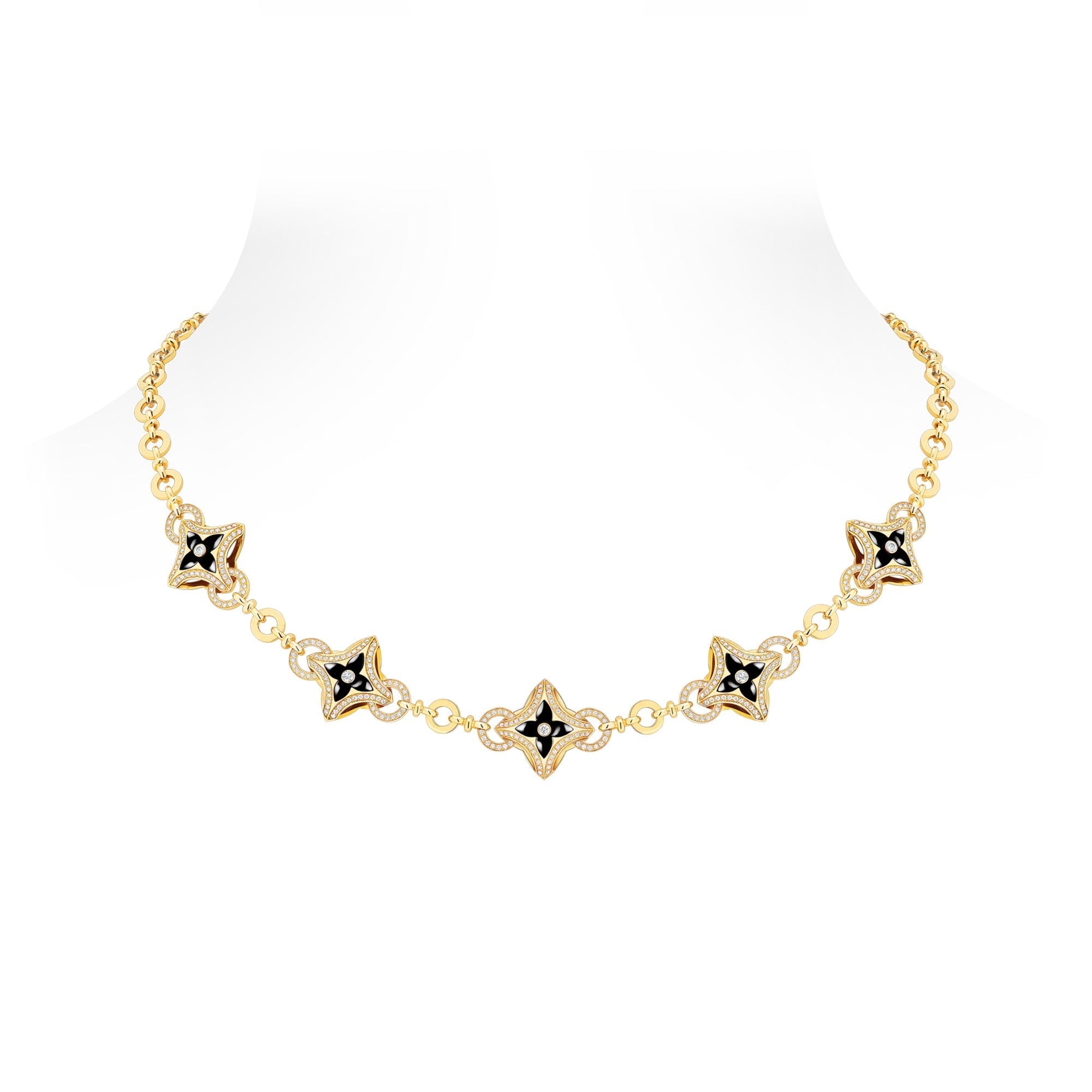 Ever Blossom Necklace, Yellow Gold, Onyx & Diamonds
