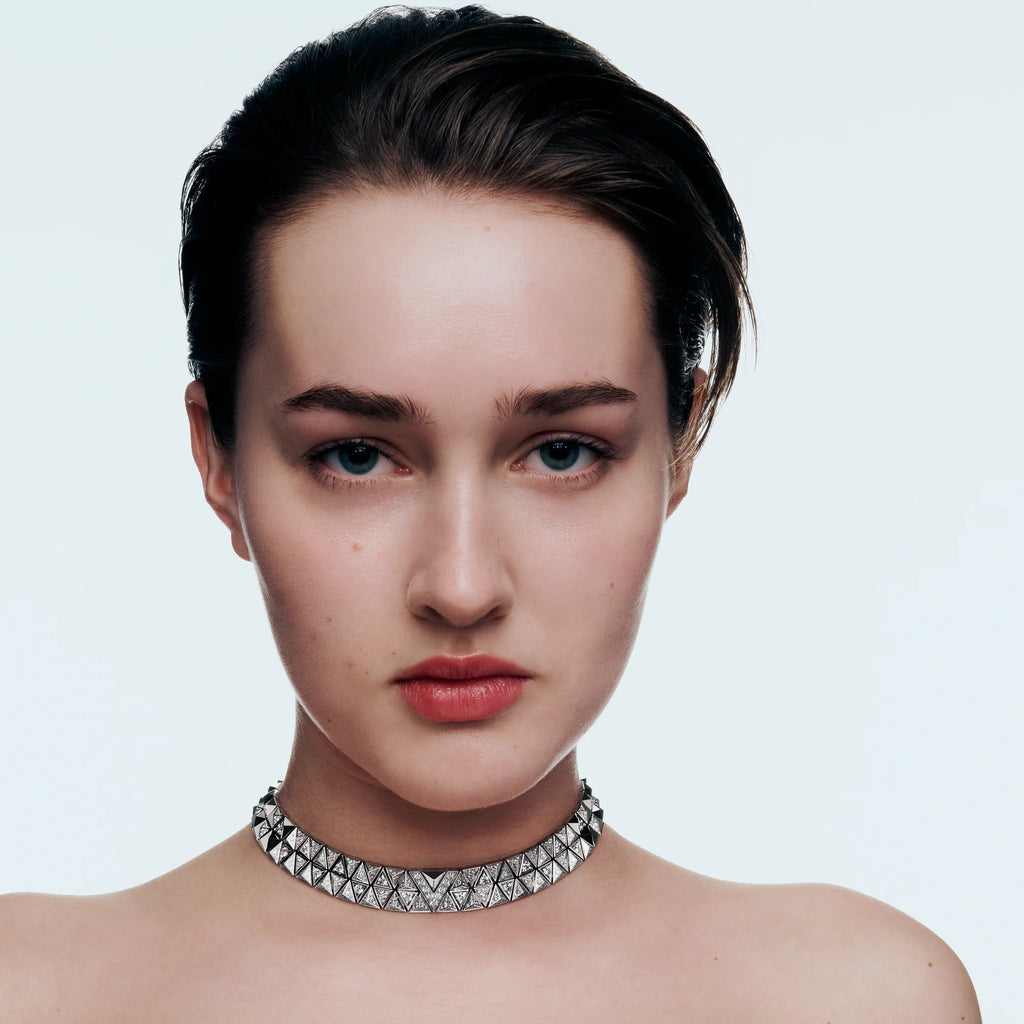 Pure V Two-Row Necklace, White Gold and Diamonds