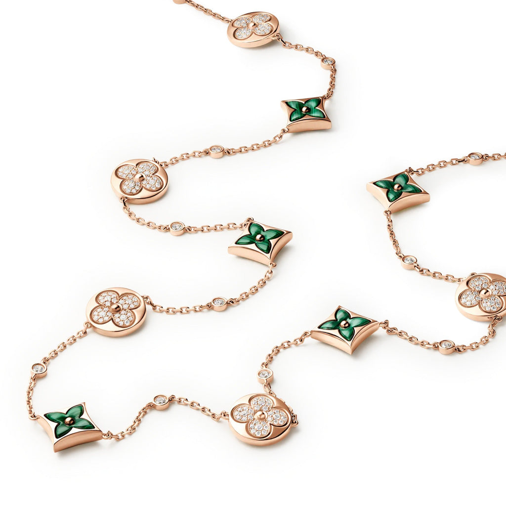 Color Blossom BB Star and Sun Multi-Motif Long Necklace, Pink Gold, Malachite and Diamonds